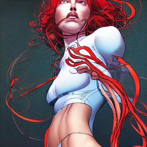 Image similar to a beautiful comic book illustration of a red-headed woman with white shirt in a laboratory by Jerome Opeña, featured on artstation