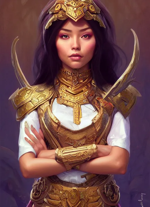 Image similar to portrait of russian mexican asian girl jodhpurs hyperborea lemuria, deep focus, d & d, fantasy, intricate, elegant, highly detailed, digital painting, artstation, concept art, matte, sharp focus, illustration, hearthstone, art by rhads by artgerm and greg rutkowski and alphonse mucha