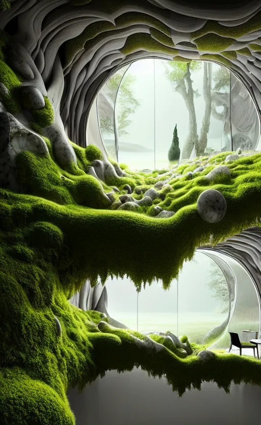 Image similar to highly detailed villa natural beautiful light interior soft cinematic composition of a smooth ceramic porcelain biomorphic magnolia stone nebula fluid sci - fi surreal architecture landscape, furniture, granite, trees, marble, moss, lichen, fungi, vincent callebaut composition, mamou - mani, archviz, 8 k, unreal engine, hdr