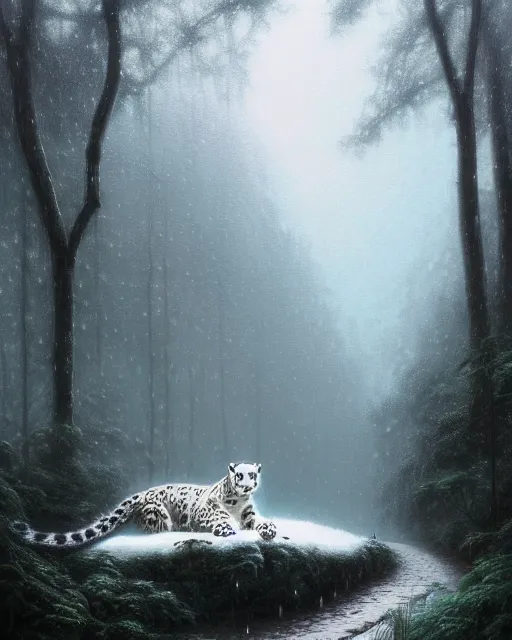 Prompt: portrait of a snow leopard sitting in the rain in a dark misty rainforest, highly detailed, intricate background, complex 3 d render by ilya kuvshinov, peter mohrbacher, greg rutkowski, karl spitzweg, thomas kinkade, victo ngai