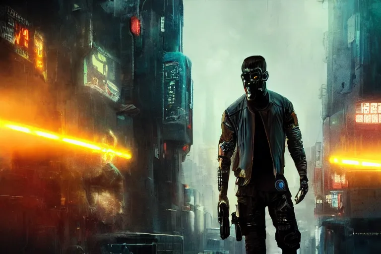 Image similar to cyberpunk mercenary inspired by the terminator and star wars, hdr, cinematic movie still from blade runner 2049