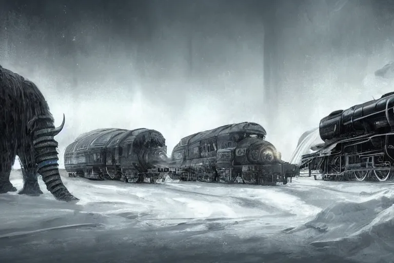 Image similar to a grand intricate futuristic black steam train next to a giant mammoth, post - apocalyptic ice landscape in snowstorm, concept art, artstation, highly detailed, digital art