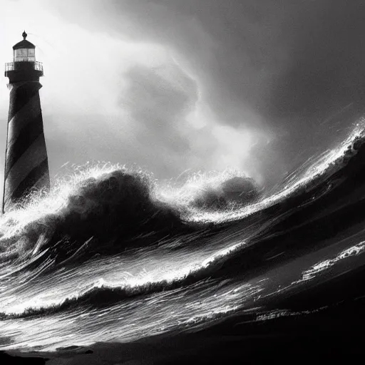 Image similar to lighthouse, ocean, two loons, crashing waves, light, black and white, tattoo art, dramatic lighting, illustration by Greg rutkowski, yoji shinkawa, 4k, digital art, concept art, trending on artstation