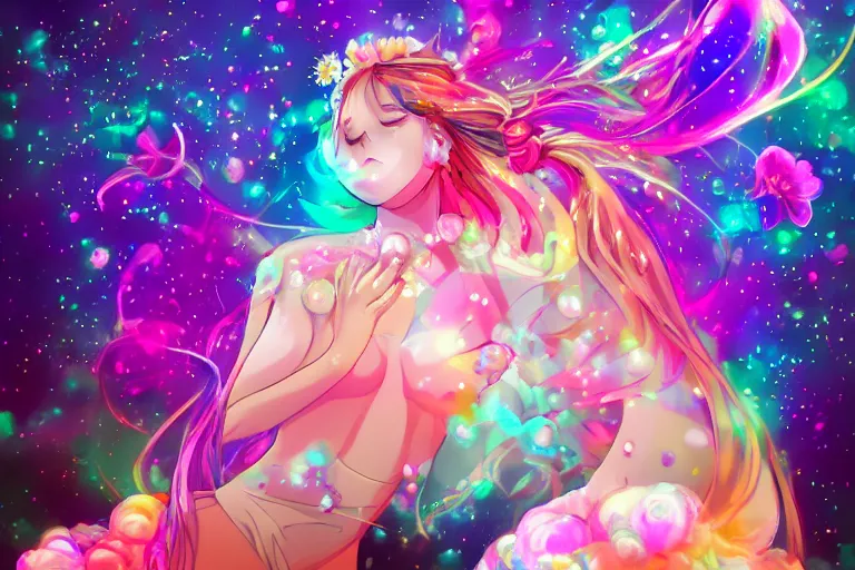Prompt: psychedelic, full body, whimsical, anime, 4k, beautiful lusty woman blowing smoke, with professional makeup, long trippy hair, a crystal and flower dress, sitting in a reflective pool, surrounded by gems, underneath the stars, rainbow fireflies, trending on patreon, deviantart, twitter, artstation, volumetric lighting, heavy contrast, art style of Ross Tran and Miho Hirano and Ilya Kuvshinov
