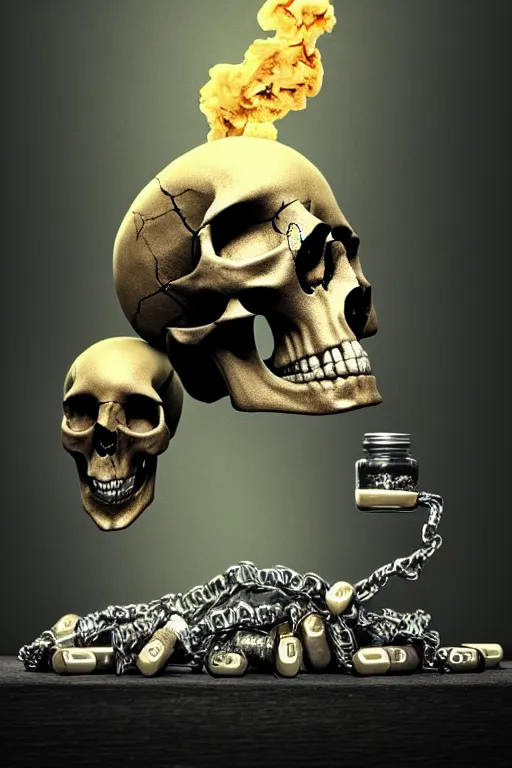 Image similar to pile Off pills and a skull on the table, skull made out of smoke coming out of pills, fantasy, intricate, elegant, highly detailed, digital painting, artstation, concept art, addiction, chains, backround as room full of garbage, smooth, sharp focus, illustration, art by Ilja Repin