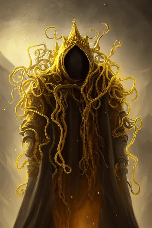 Image similar to A full body portrait of a mysterious character with no face with a very long hooded yellow cloak, a golden crown floating above his head, tentacles coming out the ground art by Jason Chan, ominous, cosmic horror, trending on artstation, Ultra detailed, hyper realistic 4k