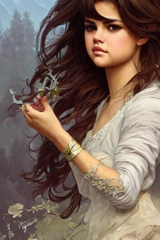 Image similar to beautiful cottagecore selena gomez, intricate, swagger, highly detailed, digital painting, artstation, concept art, smooth, sharp, focus, illustration, art by artgerm and greg rutkowski and alphonse mucha