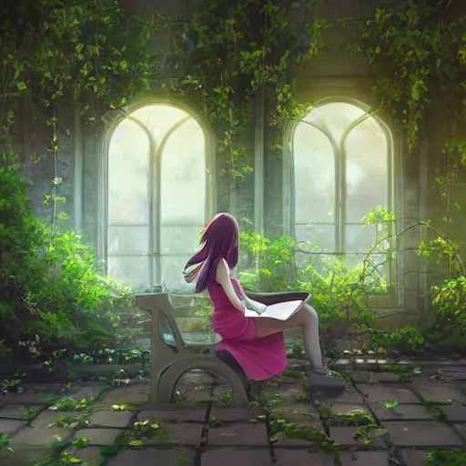 Prompt: advanced digital art. A beautiful girl is sitting on a bench reading in an abandoned train station that is overgrown with vines and flowers, Digital Anime pastel painting, Sakimichan, WLOP, RossDraws, pixivs, Makoto Shinkai. —H 2160