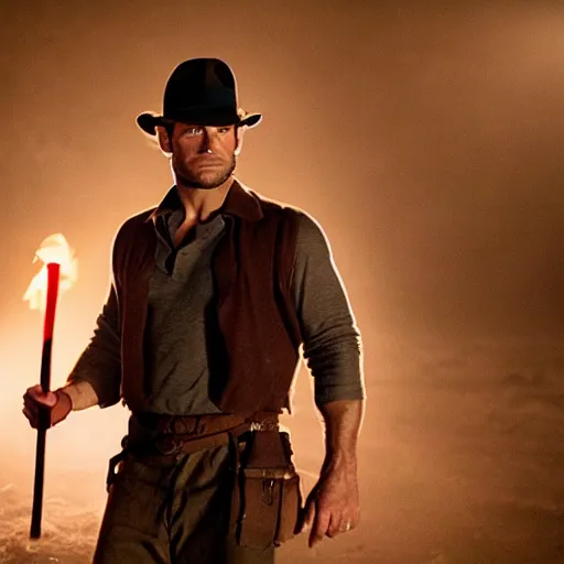 Image similar to still of Henry Cavill as Indiana Jones with a torch in a secret antic room, full body, cinematic light, by Steven Spielberg, movie, 4K