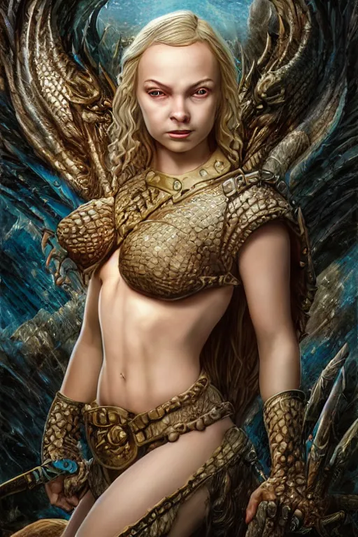 Image similar to A fantasy comic book style portrait painting of Ella Fanning as an Atlantean Reptilian Warrior, Mystical Valkyrie, unreal 5, DAZ, hyperrealistic, octane render, Regal, Refined, Detailed Digital Art, RPG portrait, Michael Cheval, Walt Disney (1937), François Boucher, Oil Painting, Steampunk, dynamic lighting, Highly Detailed, Cinematic Lighting, Unreal Engine, 8k, HD