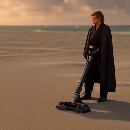 Image similar to anakin skywalker vacuuming the beach for sand, 4k, photorealistic,