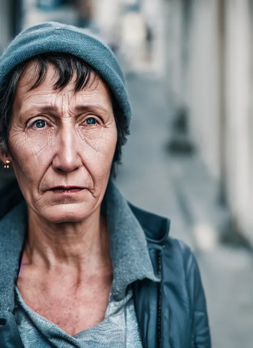 Prompt: color medium shot portrait of 50-year-old woman from Norway with short hair, looking tired, candid street portrait in the style of Rehahn award winning, Sony a7R