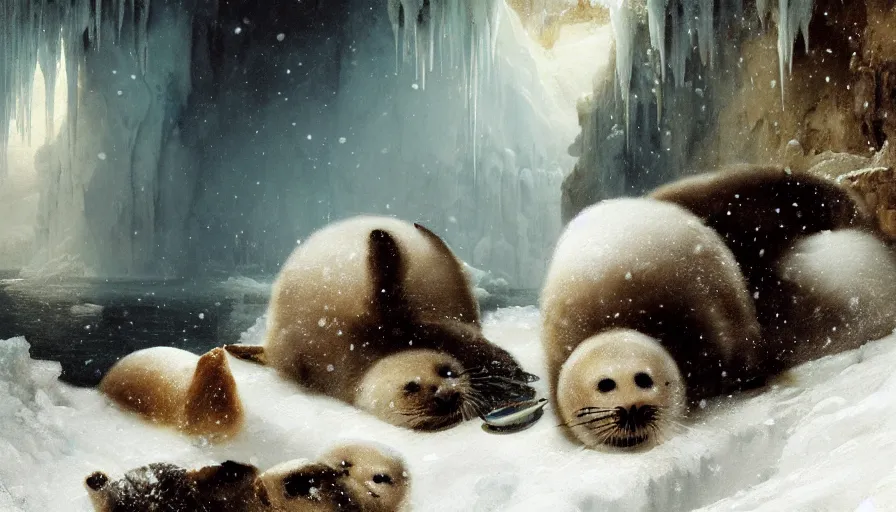 Image similar to highly detailed painting of cute furry white baby seals eating fish inside a snowy fantasy ice crystal cavern by william turner, by greg rutkowski, by william constable, thick brush strokes and visible paint layers, 4 k resolution