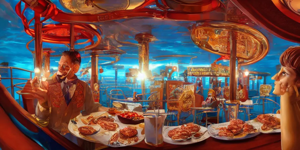 Prompt: Intricate detailed illustration, A carnival cruise ship captain with sausages for fingers, cinematic lighting, by Philip Hood, wide angle, volumetric light scattering, 8k, artstation, concept art,