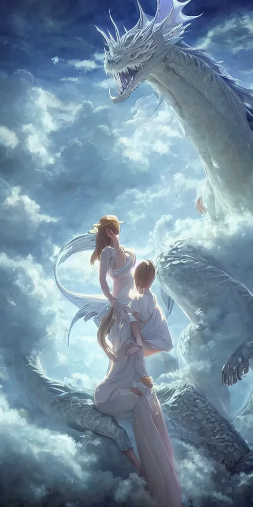 Prompt: beautiful scene render that a princess lies in the arms of a huge silver dragon alone, finely detailed angelic face delicate features, in the fairyland surrounded by white clouds, perfectly shaded, atmospheric lighting, style of makoto shinkai and peter mohrbacher, studio ghibli. artgerm, beeple, animation style, 4 k hd, hyper detailed