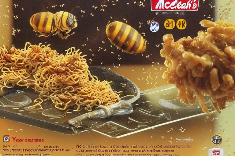 Image similar to mcdonald's fried bees in a yakisoba, in 1 9 9 5, y 2 k cybercore, advertisement photo. artwork by craig mullins