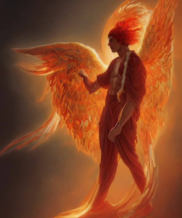 Image similar to symmetrical fullbody portrait of a beautiful young fit male angel with curly blond hairs, full dressed in long fluent red clothes, majestic big demon wings, luminous fire halo, by greg rutkowski and alphonse mucha, gradient white to gold, in front of an hellish background, highly detailed portrait, digital painting, artstation, concept art, smooth, sharp focus illustration