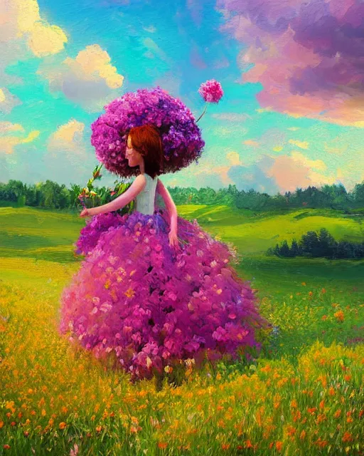 Image similar to girl with giant flower as a face and flower dress, standing in a flower field hills, big trees, sunrise dramatic light, impressionist painting, colorful clouds, digital painting, pointillism, artstation, simon stalenhag