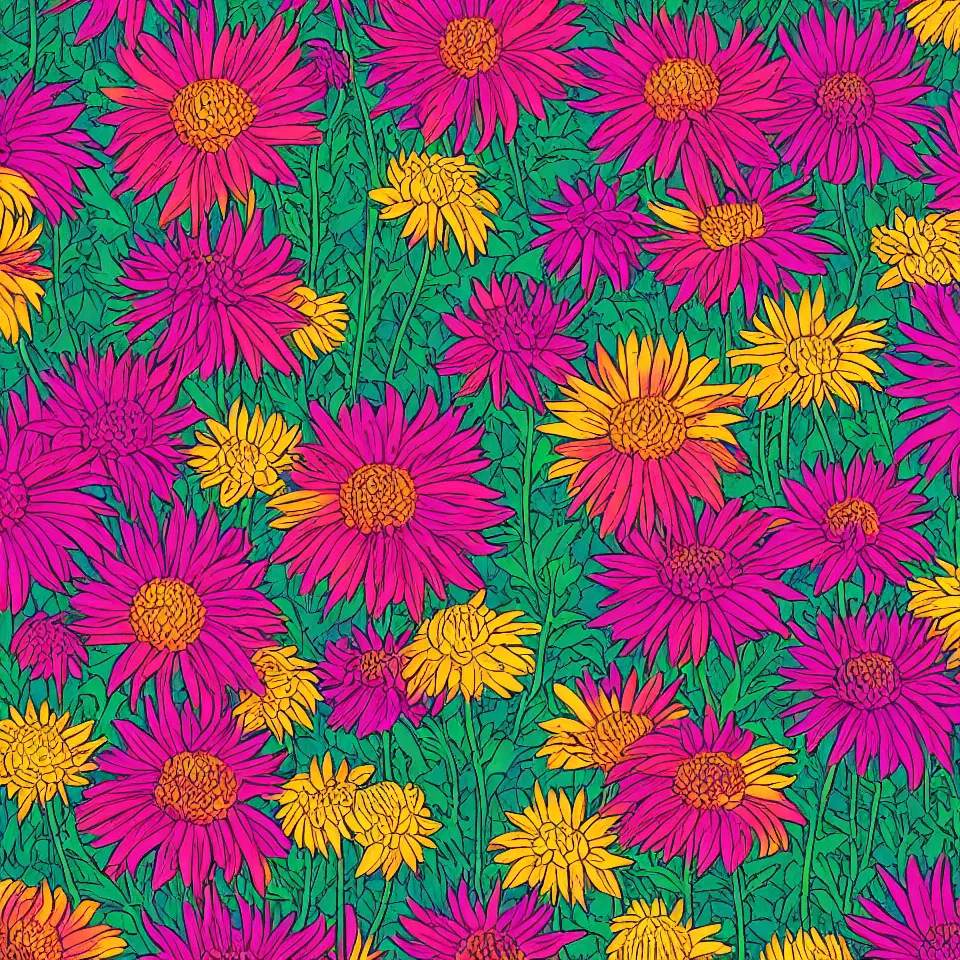 Prompt: colorful print of asters dahlias bunched botanical artwork, multicolor lino block print with vignettes, created by mike mignola, greg hildebrandt, banksy in the style of painting toon shades, colorful ink, vibrant, pastel, color vector, smooth curves, graphical, detailed, trending in art station