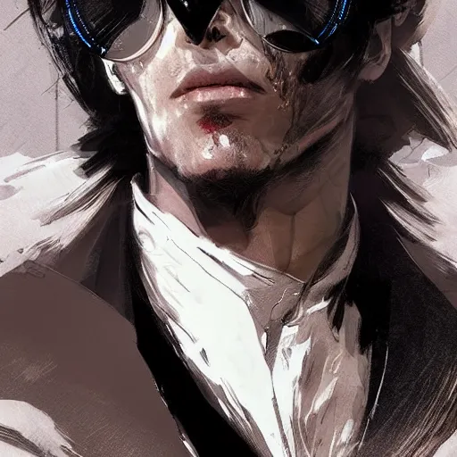 Prompt: portrait of a male character in sleek clothes, in a flowing white tailcoat, wearing a futuristic white mask with five round lenses for eyes, many eyes, dramatic lighting, illustration by Greg rutkowski, yoji shinkawa, 4k, digital art, concept art, trending on artstation