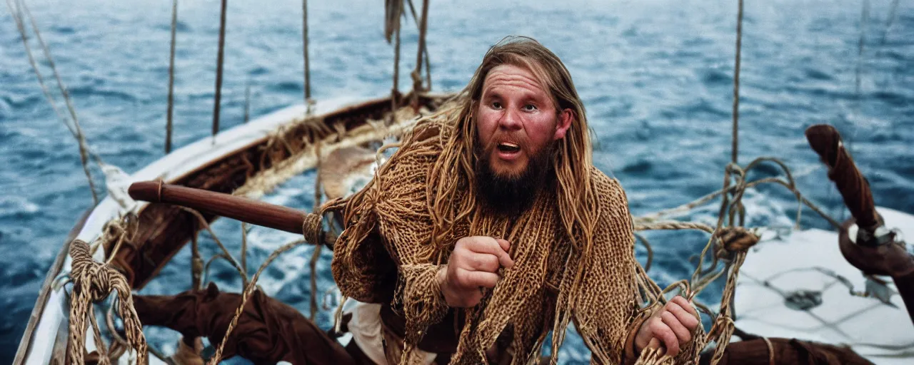 Image similar to vikings sailing on a boat filled with spaghetti, baltic sea, canon 5 0 mm, super detailed face, facial expression, cinematic lighting, photography, retro, film, kodachrome