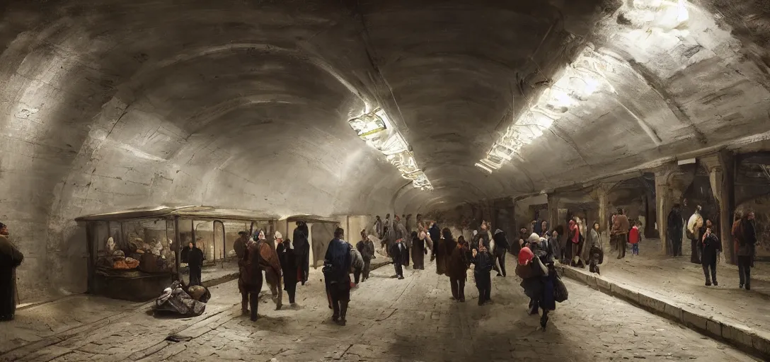 Image similar to market in an underground subway track by eugene von guerard, ivan shishkin, dramatic lighting, concept art, trending on artstation