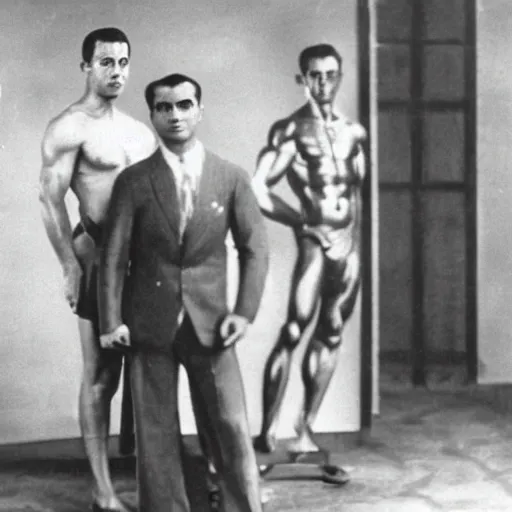 Prompt: Extremely muscular Manuel Luis Quezon flexing at the gym