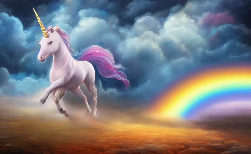 Image similar to an oil painting of a unicorn walking on an rainbow in space, masterpiece, highly detailed, high quality, 4K, anatomically correct, hyperrealistic, concept art, octane render, unreal engine 5, trending on Artstation, trending on DeviantArt, matte, historical painting, fantasy style, path traced, high coherence, soft lighting, digital painting, mythical