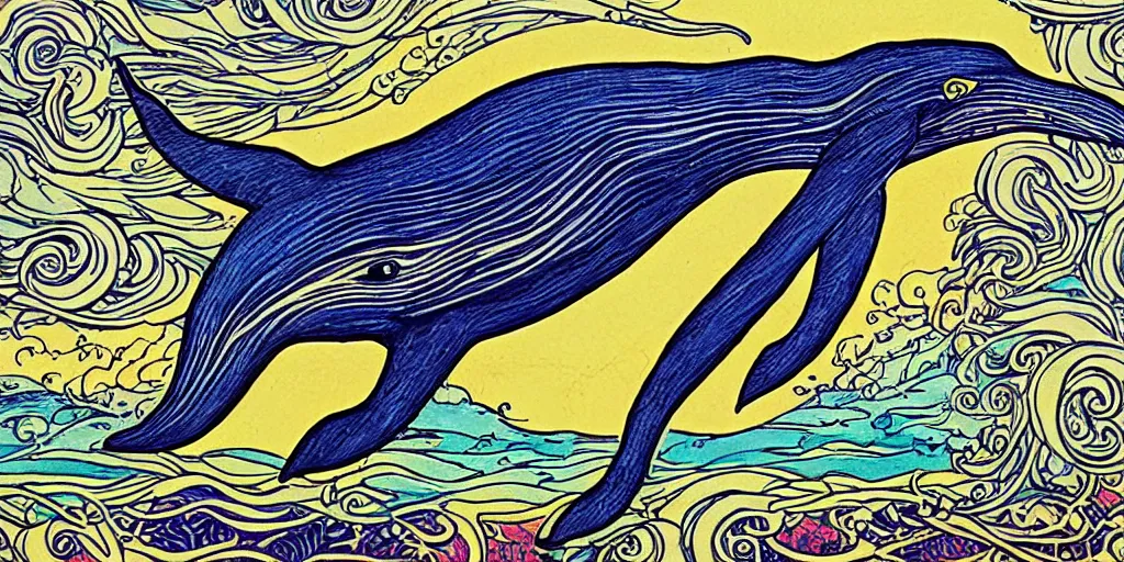 Image similar to humpback whale, tarot style, art nouveau, painted, high detail,