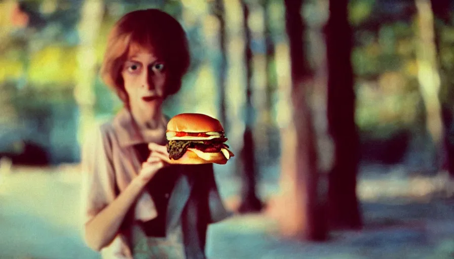 Image similar to 7 0 s film still from a horror movie starring a person with anorexia holding a burger, kodachrome, cinecolor, cinestill, photorealism, cinematic, film grain, film texture, vhs recording