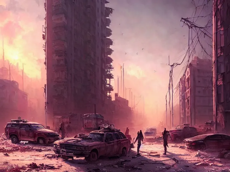 Prompt: postapocalyptic city of syzran!!!, militaristic!!!, romantic!!!, hyperrealistic, highly detailed, cinematic, pink sunlight!, beautiful, cgssociety, artstation, 8 k, oil painting by greg rutkowski, by artgerm, by wlop