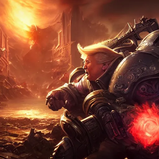 Image similar to Portrait of Trump, League of Legends amazing splashscreen artwork, Gears of War, splash art,natural light, elegant, photorealistic facial features, intricate, fantasy, detailed face, atmospheric lighting, anamorphic lens flare, cinematic lighting, league of legends splash art, hd wallpaper, ultra high details by Greg rutkowski