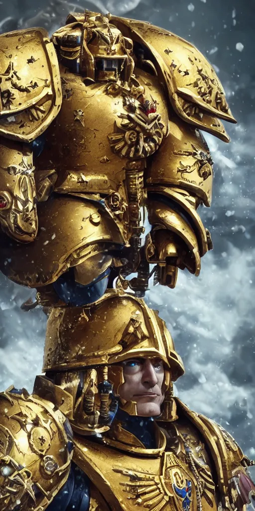 Image similar to warhammer 40k, ceremonial portrait of Emperor of Mankind, handsome man in gold armor, without helmet, beautiful face, long blonde hair, digital art, illustration, fine details, cinematic, highly detailed, octane render