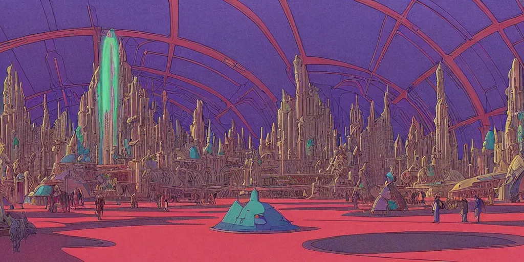 Prompt: cel shaded cinematic shot, matte illustration, the interior of a sci - fi space station with ornate elven architecture bustling with people, epic castle, emerald, crystalline, detailed illustration, sharp focus, crisp lines, art by moebius, jean giraud moebius comic illustration