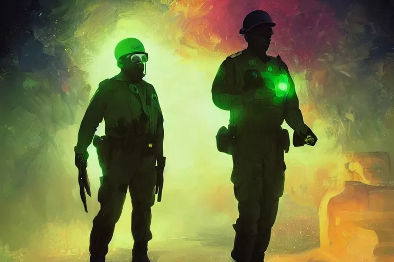 Prompt: Beautiful portrait of a glowing translucent body glowing male police officer wearing cool shades. Green fluorescent aura around officer, wide angle, magic, fire, darkness, dramatic lighting, Africa, intricate, wild, highly detailed, digital painting, artstation, concept art, smooth, sharp focus, illustration, art by artgerm and greg rutkowski and alphonse mucha, footage from space camera