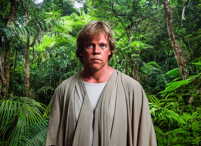 Image similar to luke skywalker at the new jedi temple, surrounded by jungle in the background. detailed portrait photo of faces. Photographed with Leica Summilux-M 24 mm lens, ISO 100, f/8, Portra 400