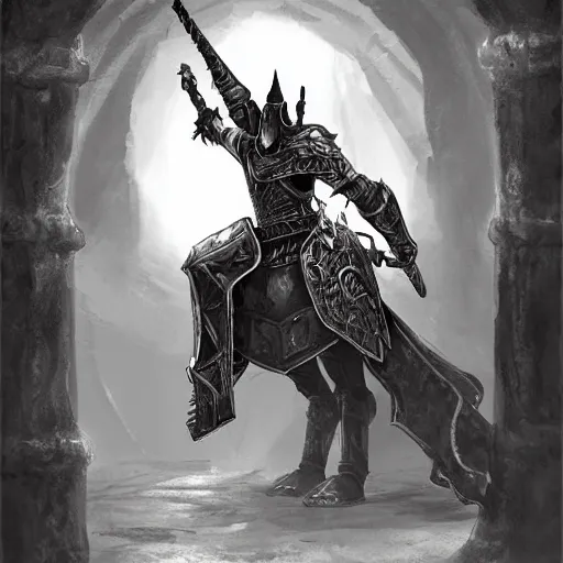 Image similar to black knight with raised broad sword standing atop castle, fantasy art, highly detailed, realistic, Diego Gisbert style,