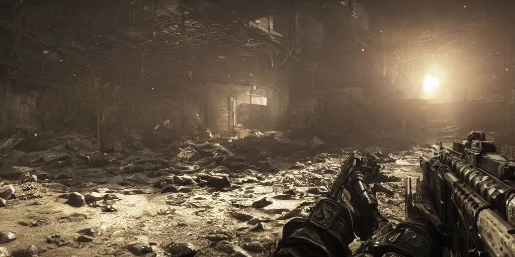 Image similar to a new call of duty modern warfare ( 2 0 1 9 ) realistic graphic firstperson game screenshot of a hp lovecraft monster boss fight in interior in metro exodus game, realistic, ultra setting, highly detailed, fps game, game of the year, raytracing on, rtx 3 0 9 0 ti, gta v, death stranding game