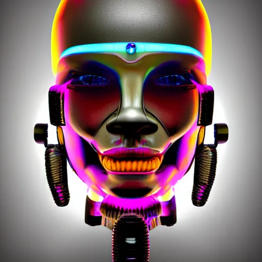 Image similar to hyperdetailed portrait of an atompunk robot head, 8 k, symetrical, flourescent colors, halluzinogenic, black background