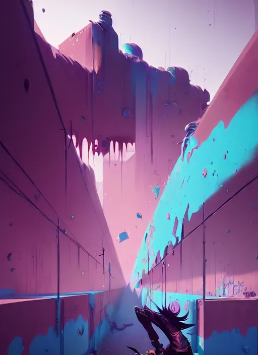 Image similar to matte painting extreme offset 3 d calligraphy graffiti mural dripping paint wall extreme explosive maximalism by atey ghailan, by greg rutkowski, by greg tocchini, by james gilliard, by joe fenton, pink, brown, black and light blue color scheme, octane render