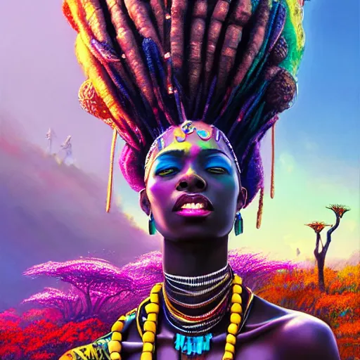 Prompt: a very regal african cyberpunk queen with colorful dreadlocks and lots of jewlery sitting on a cliff overlooking a field of colorful flowers with a giant glowing baobab tree in the middle, it is sunset, by greg rutkowski and android jones and Alena Aenami in a surreal cyberpunk! style, oil on canvas, highly detailed face, 8k hd,