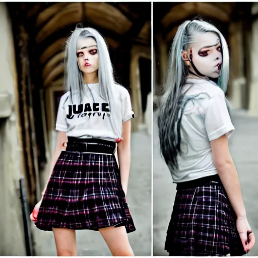 Prompt: female jade weber model teenage goth photography plaid mini skirt band shirt beautiful face, dramatic light darkroom