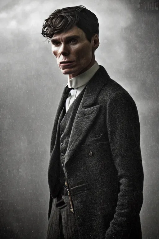 Prompt: Full-body portrait of Cillian Murphy in Peaky Blinders standing, arms crossed on chest, dramatic, gloomy, dark, bleak, cheerless, desolate, impressive, tragic, cinematic, dull colors, atmospheric