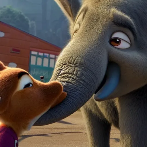 Image similar to a moose kissing an elephant in zootopia (2016)