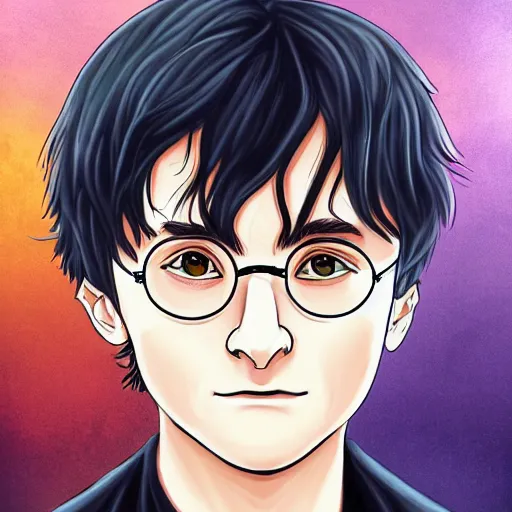 Image similar to portrait of harry potter in anime style, highly detailed, centered, solid color background, digital painting