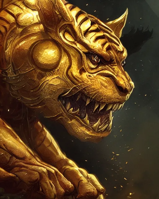 Image similar to A golden tiger resting, dragon body, highly detailed face, close-up, fantasy art, monster art, in the style of greg rutkowski, illustration, epic, fantasy, intricate, hyper detailed, artstation, concept art, smooth, sharp focus, ray tracing