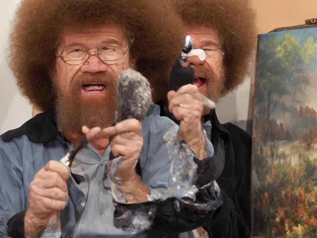 Prompt: bob ross is sad and yelling at a painting by bob ross