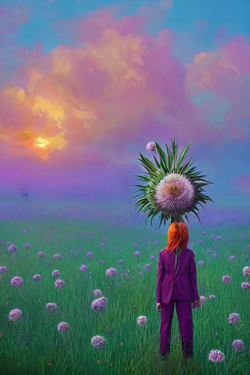 Prompt: portrait, huge thistle flower over head, a girl in a suit in field of flowers, surreal photography, sunrise, blue sky, dramatic light, impressionist painting, digital painting, artstation, simon stalenhag