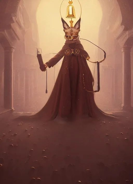 Prompt: surrealistic closeup portrait of anthropomorphic caracal in vr glasses in golden priest clothes in orthodox church, bokeh, foggy, dynamic lighting, darkness, ambients, dramatic, foggy, heavy bokeh and blur, cinematic, depth of field, art by bussiere rutkowski andreas rocha