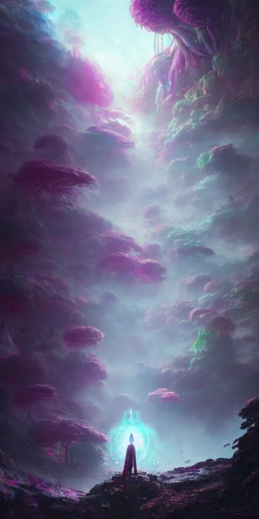 Prompt: a psychedelic realm hidden away in a pocket of ethereal understanding, astral and alien city, in the style of greg rutkowski, and wlop, and lisa frank, and bob ross, and ruan jia, illustration, epic, fantasy, hyper detailed, smooth, unreal engine, sharp focus, ray tracing